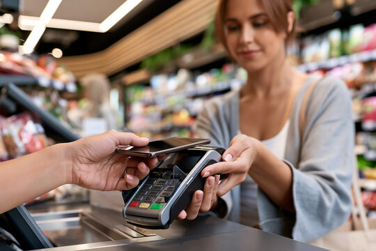 Woman holds phone to tap payment terminal. Customer stands calmly at checkout counter. Background shows shelves stocked with goods. Modern store lighting brightens the scene
