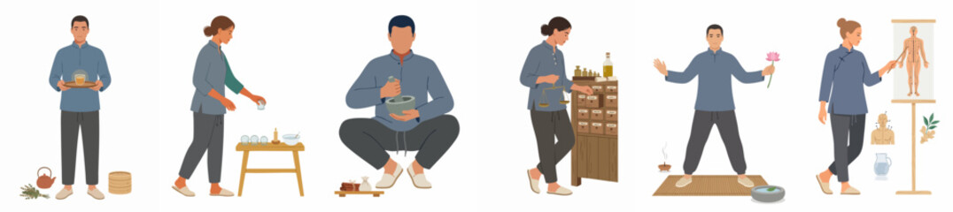 Fototapeta premium Collection of flat vector illustrations featuring people practicing traditional Chinese medicine, herbal remedies, acupuncture studies, and mindfulness exercises on white background.