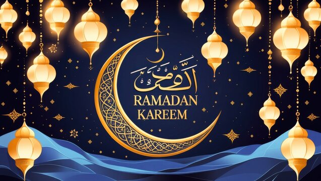Ramadan Kareem greeting background with ornate golden crescent moon Arabic calligraphy and hanging fanous lanterns