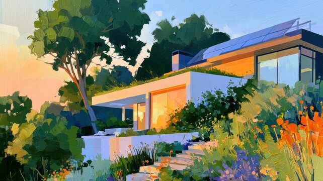 Contemporary oil painting of a luxury villa with solar panels and a green roof at golden hour