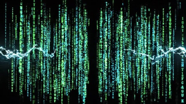 Digital Matrix Rain of Green and Cyan Binary Code with Electric Lightning Discharge for AI Cybersecurity and Big Data Analytics Concept