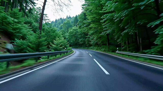 Empty road curving through dense green forest in summer