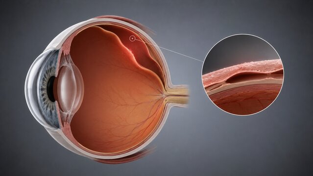 3D Medical Illustration of Human Eye Anatomy Showing Retinal Detachment with Microscopic Tissue Detail