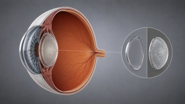Human Eye Anatomy 3D Cross-Section with Cataract vs Clear Lens Comparison Medical Illustration