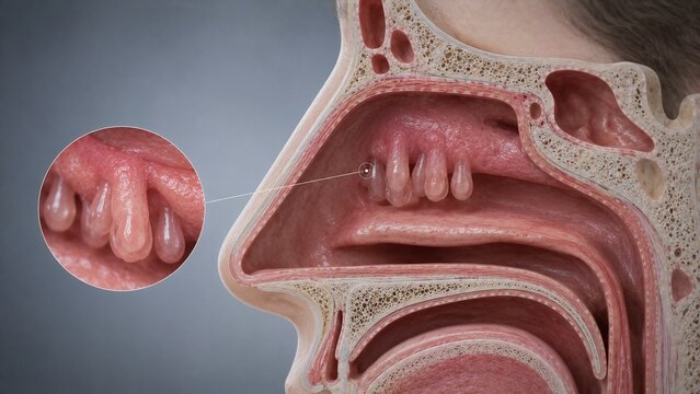 Anatomical Cross-Section of Nasal Polyps in Human Sinus Cavity with Detailed Zoom Illustration
