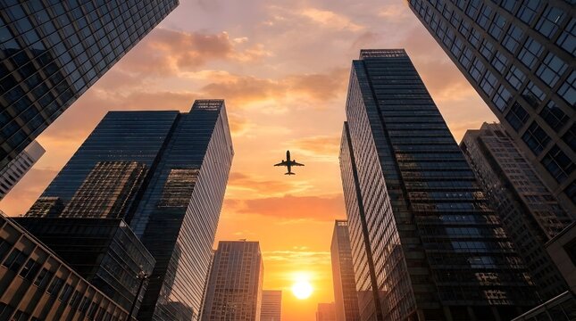 Low Angle View of Skyscrapers at Sunset with Airplane