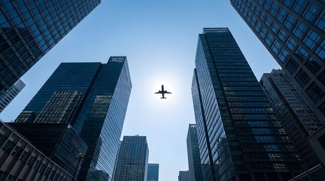 Low Angle View of Skyscrapers with Airplane Flying Overhead