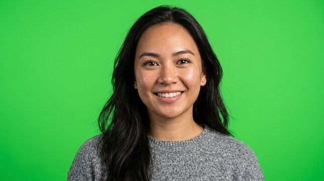 Portrait of a happy young South East Asian woman smiling on green screen chroma key background
