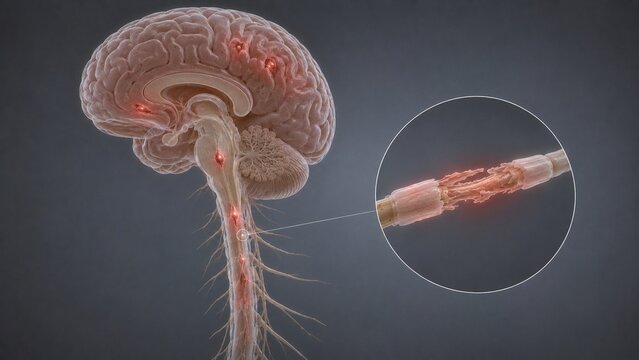 3D Medical Illustration of Brain and Spinal Cord Showing Nerve Lesions and Demyelination in Multiple Sclerosis