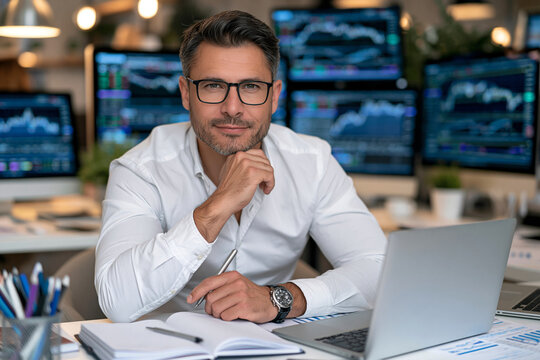 Focused professional analyzes financial data at desk. Glasses, neat attire, calm demeanor suggest expertise. Multiple screens display charts, reinforcing analytical setting