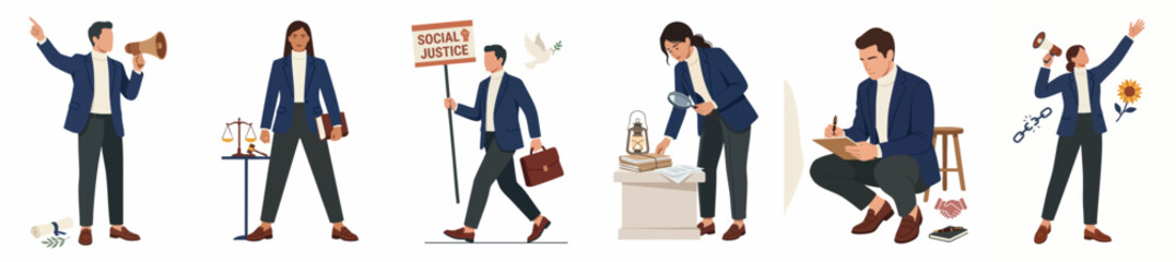 Obraz premium Set of professional people in suits engaged in political activities, voting, and law enforcement, in a flat vector illustration style on a white background.