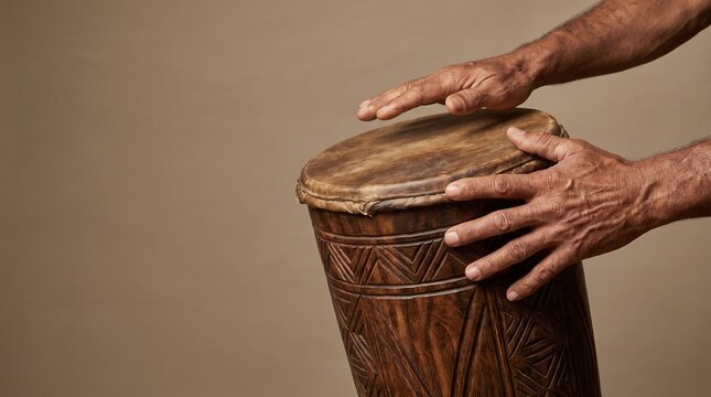 Realistic hands playing a traditional Papuan tifa drum, highlighting carved wood, natural materials, and musical heritage for cultural education, tourism promotion, and institutional campaigns.