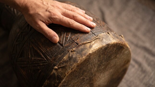Close detail of a Papuan tifa drum and hand, showing carved wood, drum skin, and traditional craftsmanship for cultural heritage projects, educational media, museum content, and tourism advertising.