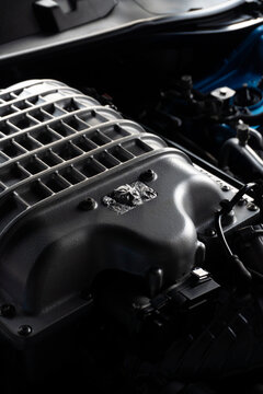Close-Up Studio Shot of Blue Dodge Challenger SRT Demon Supercharged Engine