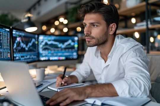 Focused trader analyzes financial charts on multiple screens. Handwritten notes and laptop indicate active decision-making. Softly lit modern office suggests calm concentration