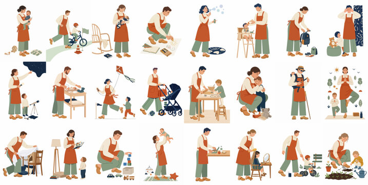 Large collection of flat vector illustrations depicting diverse parents engaged in various daily activities and caregiving with their young children.