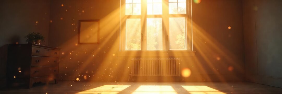 Sunlight streams through a window, illuminating dust motes dancing in the air as joyful, unrestrained laughter echoes in an empty room, bright and cheerful , humor, laughter