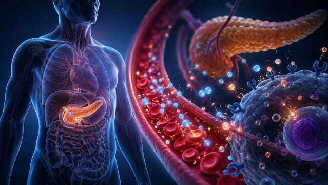 3D Medical Illustration of Human Pancreas Function, Blood Sugar Regulation, Insulin Production and Cellular Metabolism