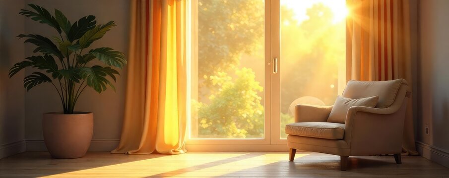 Sunlight streams through the window of a bright, airy room, illuminating dust motes dancing in the golden light  A peaceful, tranquil scene perfect for relaxation and calm ,  relaxing,  room