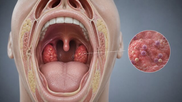 Medical Illustration of Tonsillitis Showing Swollen Tonsils and Microscopic View of Pathogenic Infection