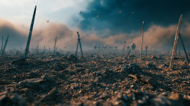 Ancient metal swords stuck in rocky ground with stormy sky background for fantasy battlefield concept art illustration.