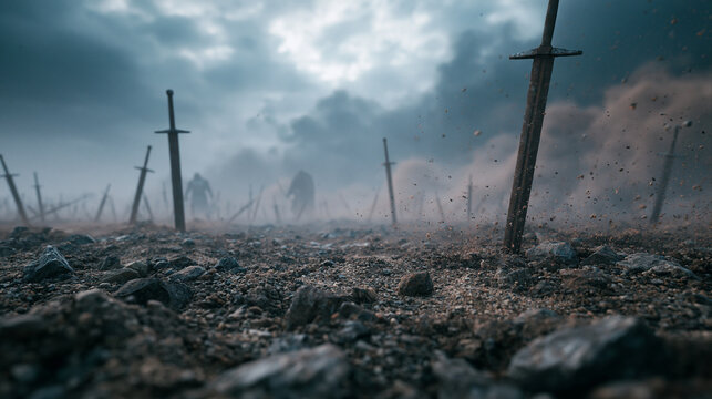 Ancient metal swords stuck in rocky ground with stormy sky background for fantasy battlefield concept art illustration.