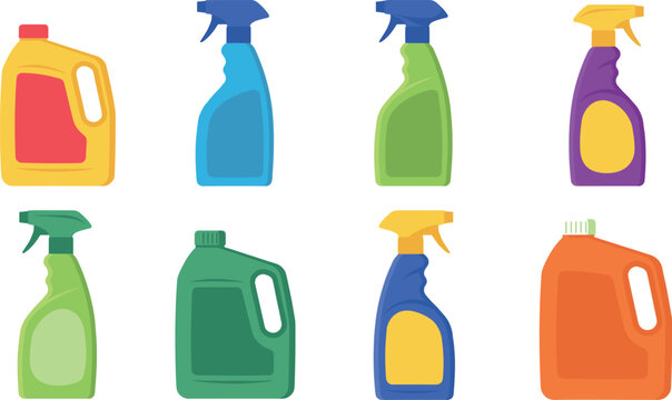 Cleaning products vector bottles set featuring plastic spray bottles, detergent jugs, and chemical sanitizers isolated on white background