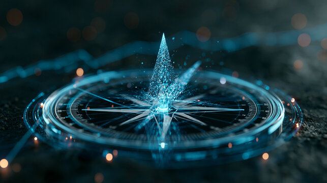 Blue holographic compass featuring digital particle needle on textured dark background for futuristic navigation ideas.