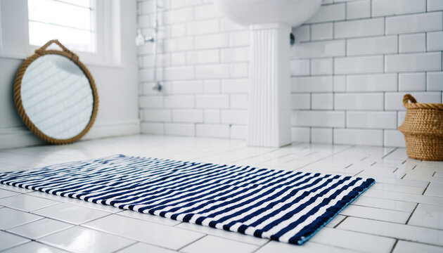 Striped Bath Mat in Modern White Tiled Bathroom Interior Design