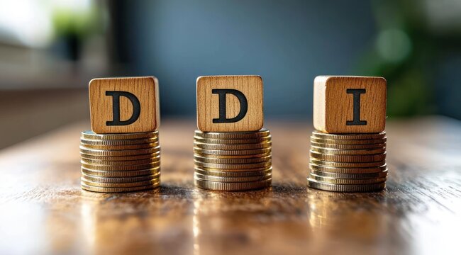 stacks of gold coins topped with wooden letter blocks reading D D I on a warm wooden table with soft background blur suggesting financial stability and cautious optimism