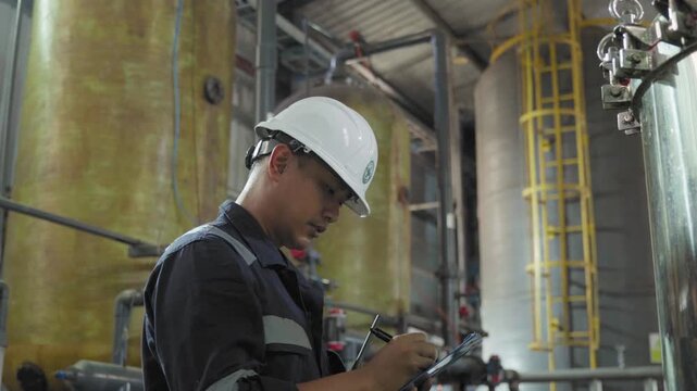 Electrical engineers are checking the maintenance systems of machinery in industrial plant. Professional engineering are taking note report data on equipment usage during work. Factory industry 