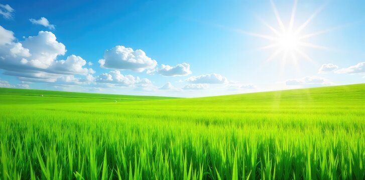 Vibrant green field bathed in bright sunlight, a perfect summer day scene Ideal for nature, ecology, or environmental themes Enjoy the crisp, clear image , scenery, sunny, vibrant