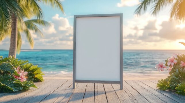 Blank freestanding signboard on wooden deck overlooking tropical beach at sunset, framed by palm trees and colorful flowers, serene inviting atmosphere