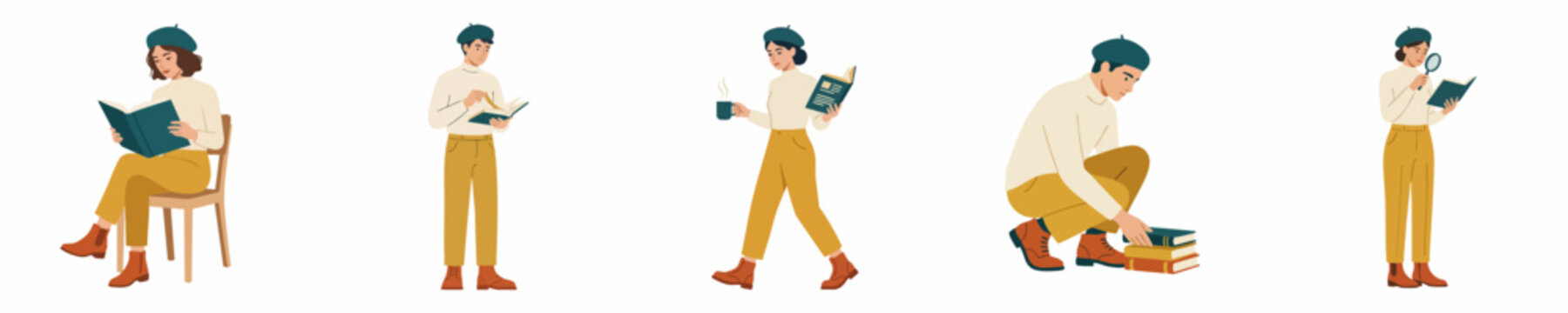 Set of flat vector illustrations showing a young woman engaged in various activities related to reading and books on a white background.
