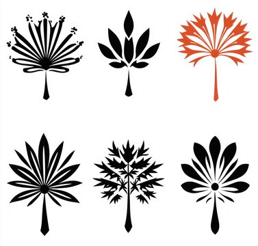 Six stylized floral silhouettes arranged in a 3x2 grid, minimalist black icons with one orange bloom, decorative botanical motifs conveying an elegant playful modern feel