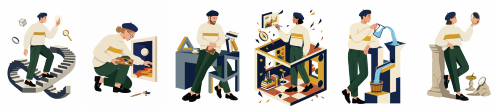 Set of six creative flat illustrations featuring an artist in surreal conceptual scenes exploring art, music, architecture, and imagination.