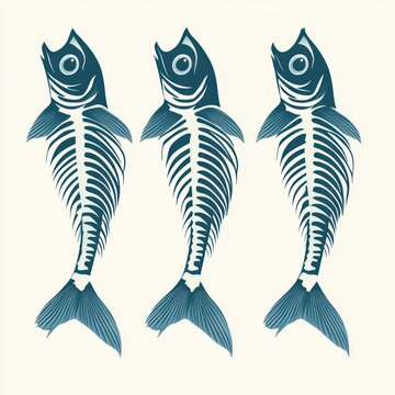 three teal stylized fish skeletons side by side on a cream background, playful minimalist marine illustration