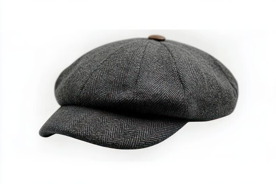 gray herringbone tweed flat cap with top button and short visor, isolated on white, evoking vintage charm and timeless elegance