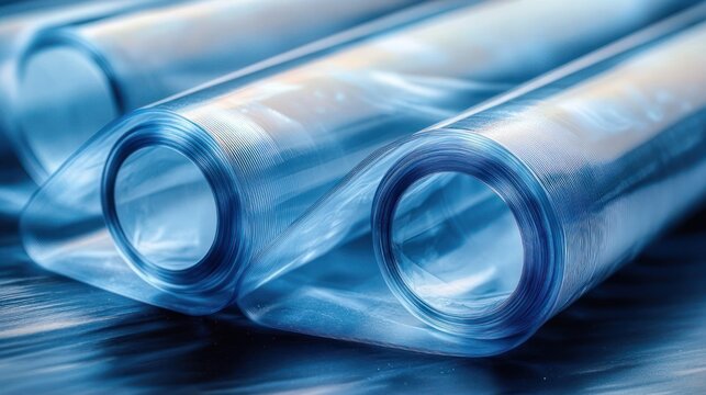 three rolls of translucent blue plastic film on a reflective surface conveying cool sleek industrial precision