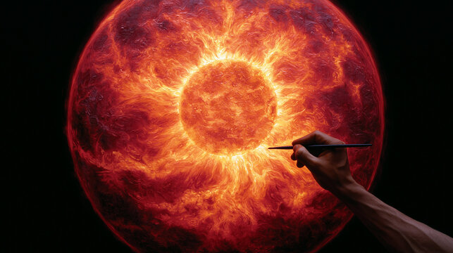 Close up hand painting intense solar sphere with textured red layers makes a powerful fine art or educational depiction.