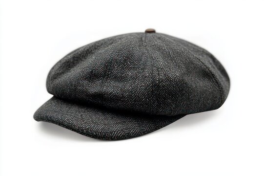 gray herringbone flat newsboy cap with small top button and soft brim on white background, classic vintage cozy style