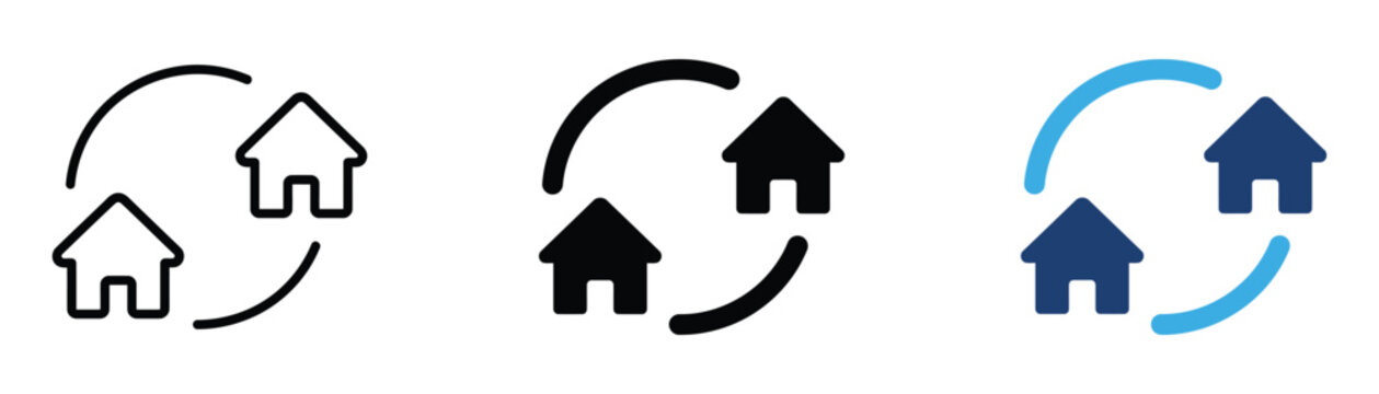 House exchange icon and real estate swap symbol for property exchange, home relocation, moving, housing transfer, and realty services.