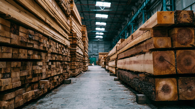 Close-up view of stacked lumber in warehouse, showing texture and grain of wood for building and carpentry projects.