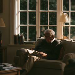 Fototapeta premium Elderly Man Reading Book in Cozy Living Room with Natural Light