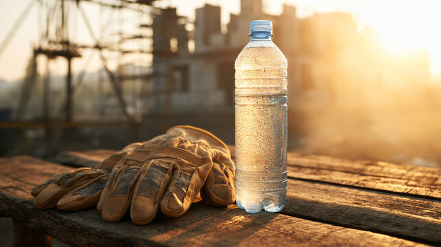 Cold condensation water bottle standing next to worn brown leather work gloves on weathered wooden surface at sunset.