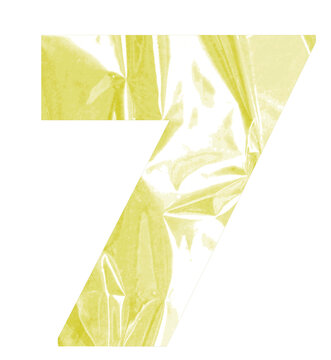 Abstract Number 7 with Yellow Plastic Texture, Crumpled Wrinkled Plastic Surface, Glossy Transparent Material, Modern Numeral Design, Creative Typography Element Isolated on Transparent Background
