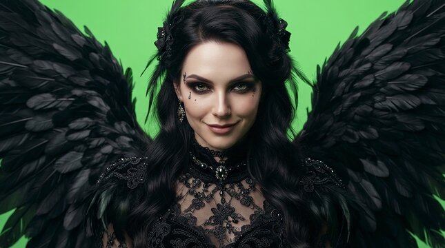 Beautiful Dark Angel Woman with Large Black Feathered Wings and Gothic Lace Dress on Green Screen