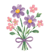 Fototapeta premium Watercolor Flower Bouquet with Purple and Pink Flowers Tied with Ribbon