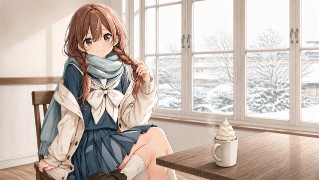 Anime illustration of a smiling schoolgirl with braided brown hair and a scarf enjoying hot cocoa with whipped cream by a snowy winter window，雪の見える窓辺でホイップクリームをのせたホットココアを楽しむ三つ編みの制服少女 冬のアニメイラスト