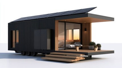 Fototapeta premium ADU + Home Battery Modern tiny house on wheels with a sleek black exterior, large windows, and a wooden deck with potted plants.